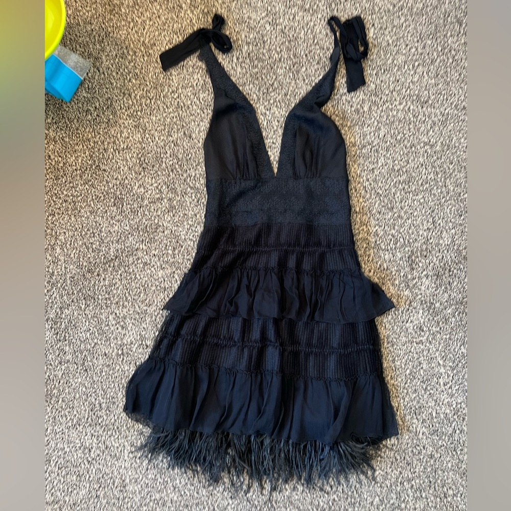 NWT. BCBG Feather Halter Dress. Size 10.